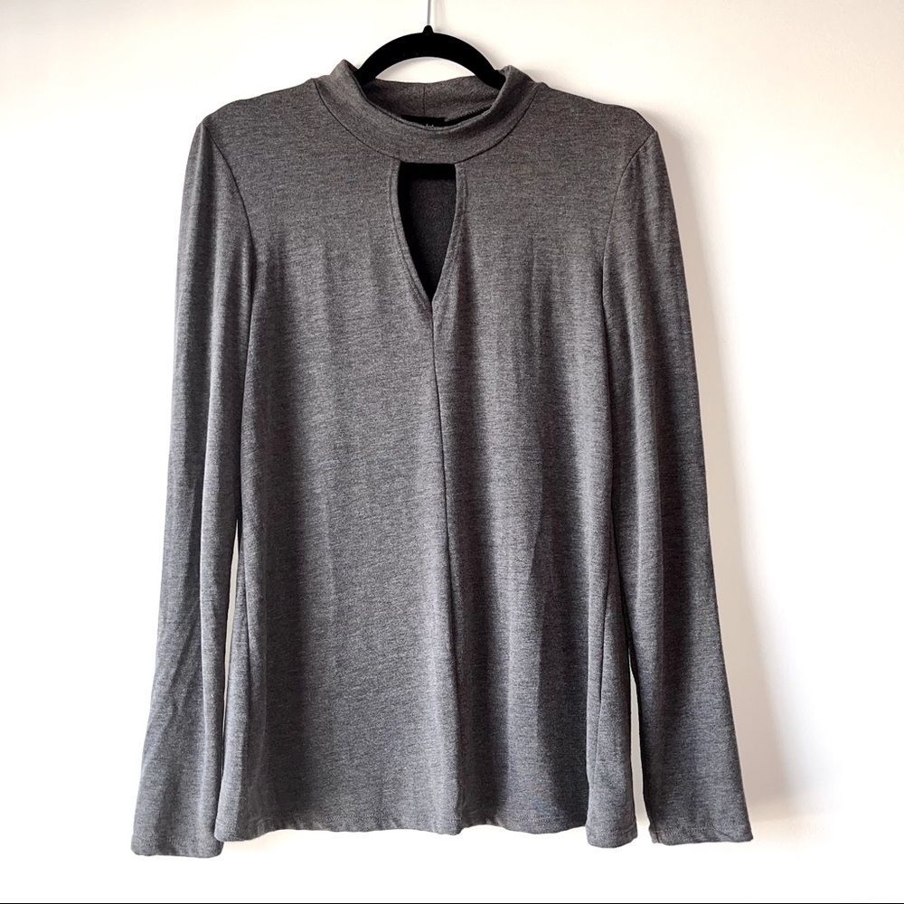 Bardot Mock Neck Keyhole Long Sleeve Top in Dark Gray Large